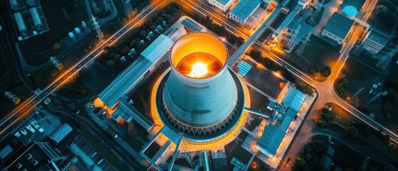 Aerial view of a modern power plant featuring a glowing energy reactor, showcasing advanced technology and infrastructure
