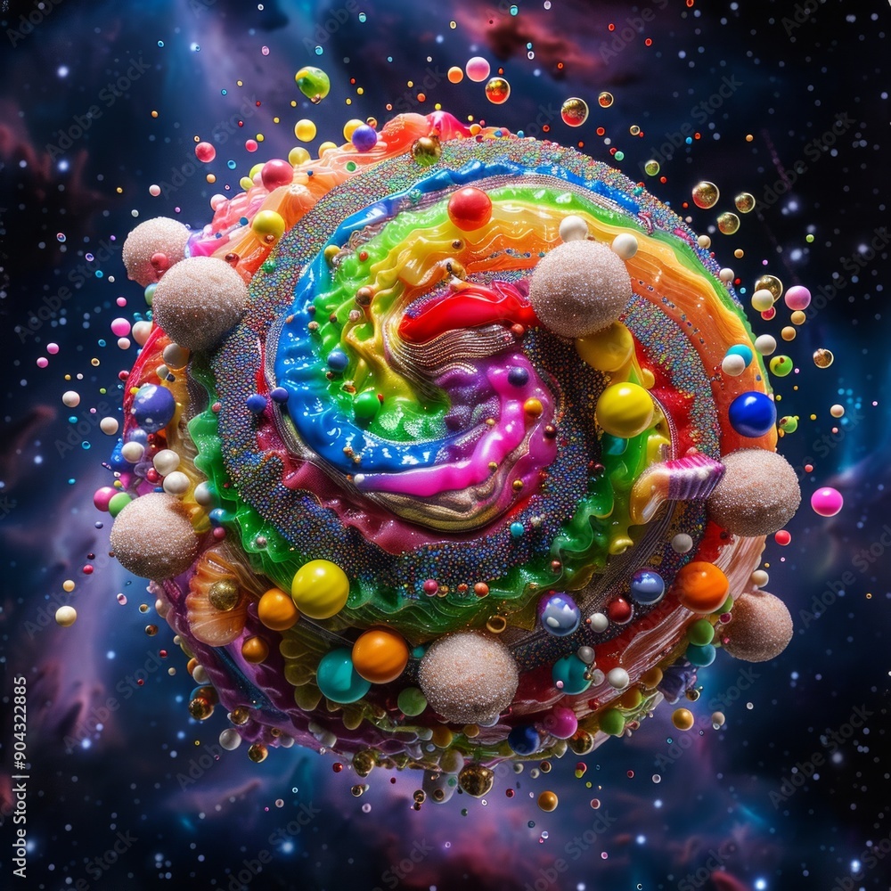 Aufkleber vibrant cosmic sphere floating in space with colorful elements. this abstract digital art showcases 