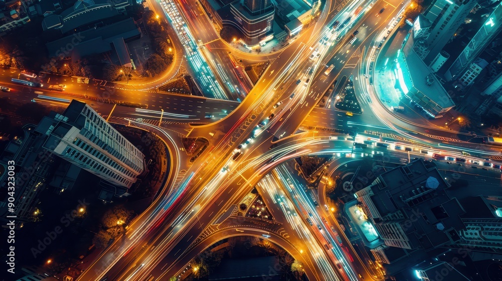 Poster a cityscape with a busy highway and a large bridge. the lights of the city are reflected in the high