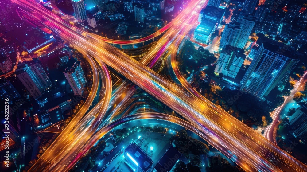Poster a cityscape with a busy highway and a large bridge. the lights of the city are reflected in the high