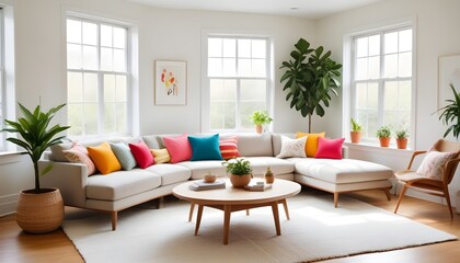 Fototapeta premium Bright Living Room with Colorful Cushions and Green Plants