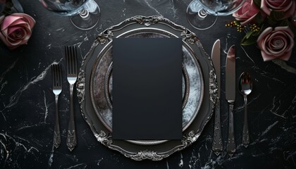 Luxury fine dining table with menu invitation card mockup, ideal for weddings and romantic dinners