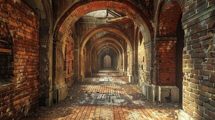 Fototapeta premium Passageway within a historic brick structure bathed in natural light