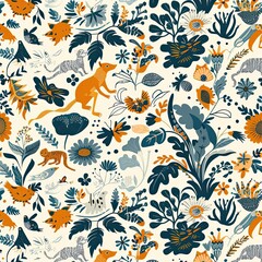 Eco-friendly seamless pattern with whimsical plants and animals, playful and vibrant, nature-inspired design