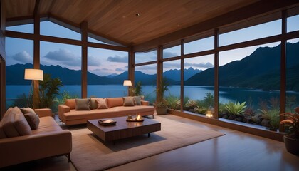 Modern Living Room with Stunning Lake and Mountain View at Dusk