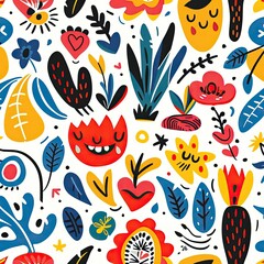 Obraz premium Seamless pattern with playful eco-friendly symbols and plants, bright and cheerful, nature-inspired motifs