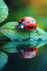 Fototapeta premium Watercolor-Style Photo of Ladybug on Leaf with Water Droplet and Reflection, Green Background, Copy Space for Text