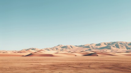 A vast, barren desert landscape with rolling dunes under a clear blue sky