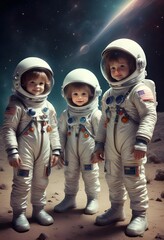 Adorable Children in Space Suits on Lunar Surface