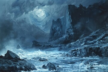 Dark and stormy sea crashes against a rocky coast