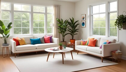 Bright and Airy Living Room with White Sofas and Colorful Cushions