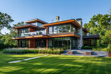 A modern, luxurious two-story house with large glass windows and wooden accents, surrounded by a well-manicured lawn and lush greenery, bathed in natural sunlight