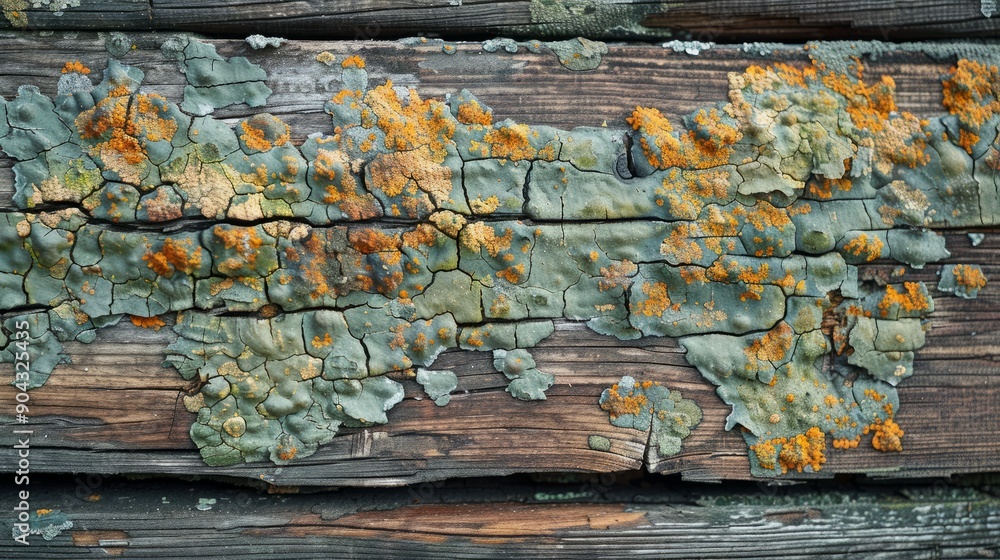 Poster decayed wood infested with colorful mold in an abandoned location