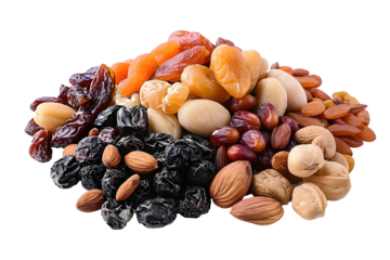 mix of dried fruits and nuts isolated on transparent background