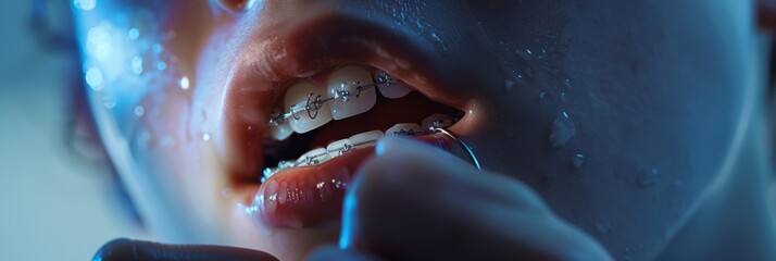 Scene of a teenager undergoing dental treatment with braces, captured with precision an ultra sharp