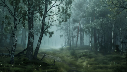 A mysterious forest in the mist, with dense greenery, tall trees, and a narrow pathway leading deeper into the ethereal, foggy woods.
