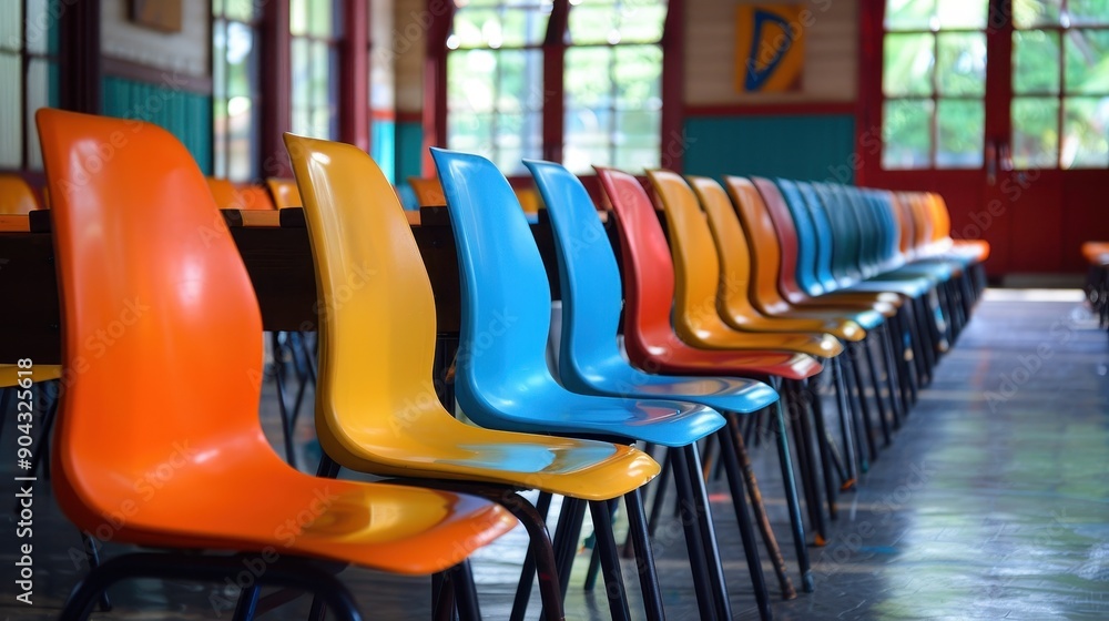 Poster a row of colorful chairs are empty in a classroom. the chairs are arranged in rows, with some chairs