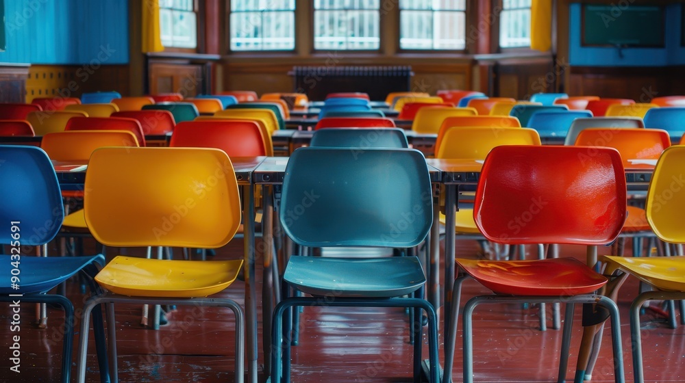 Poster a row of colorful chairs are empty in a classroom. the chairs are arranged in rows, with some chairs