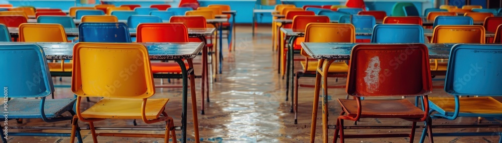 Poster a row of colorful chairs are empty in a classroom. the chairs are arranged in rows, with some chairs