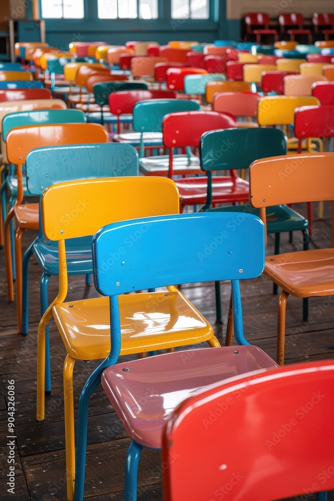 Poster a row of colorful chairs are empty in a classroom. the chairs are arranged in rows, with some chairs
