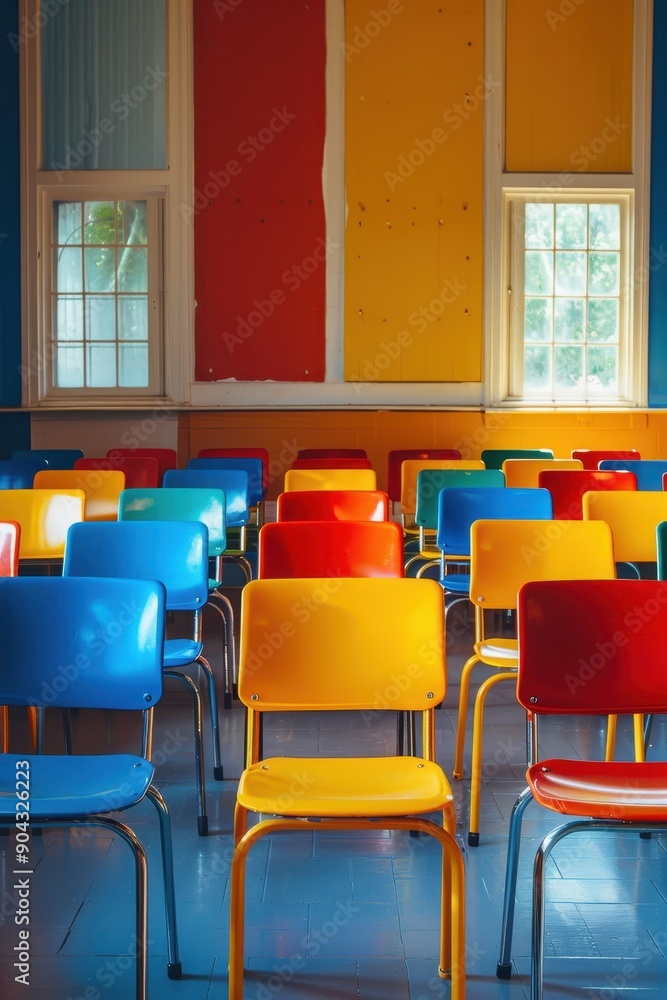Poster a row of colorful chairs are empty in a classroom. the chairs are arranged in rows, with some chairs