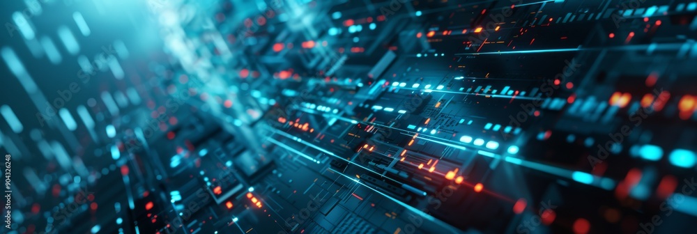 Poster imagine a futuristic digital network illuminated with neon lights and filled with data streams