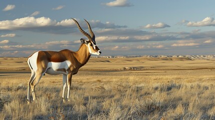 Fototapeta premium A solitary springbok stands in a grassy field under a blue sky.