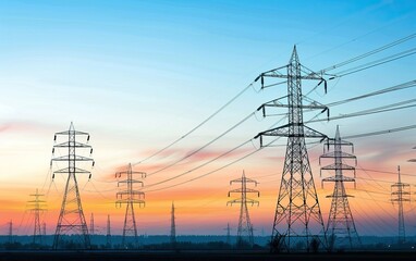 High Voltage Power Lines and Transmission Towers at Sunset