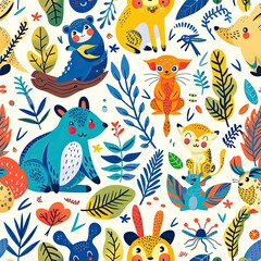 Seamless pattern featuring playful forest creatures and leaves, eco-friendly theme, vibrant and whimsical