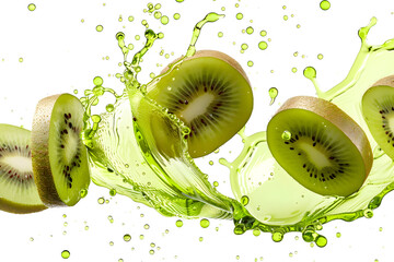 fresh kiwi slices with splashing green juice isolated on transparent background