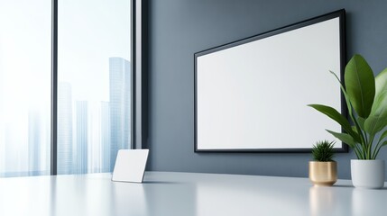 Fototapeta premium A bright and airy meeting room in a tech startup, with a large screen for presentations and team members discussing a project