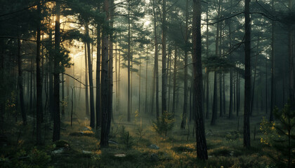 Obraz premium Sunbeams filter through tall trees in a dense, misty forest, creating an ethereal atmosphere during sunrise.