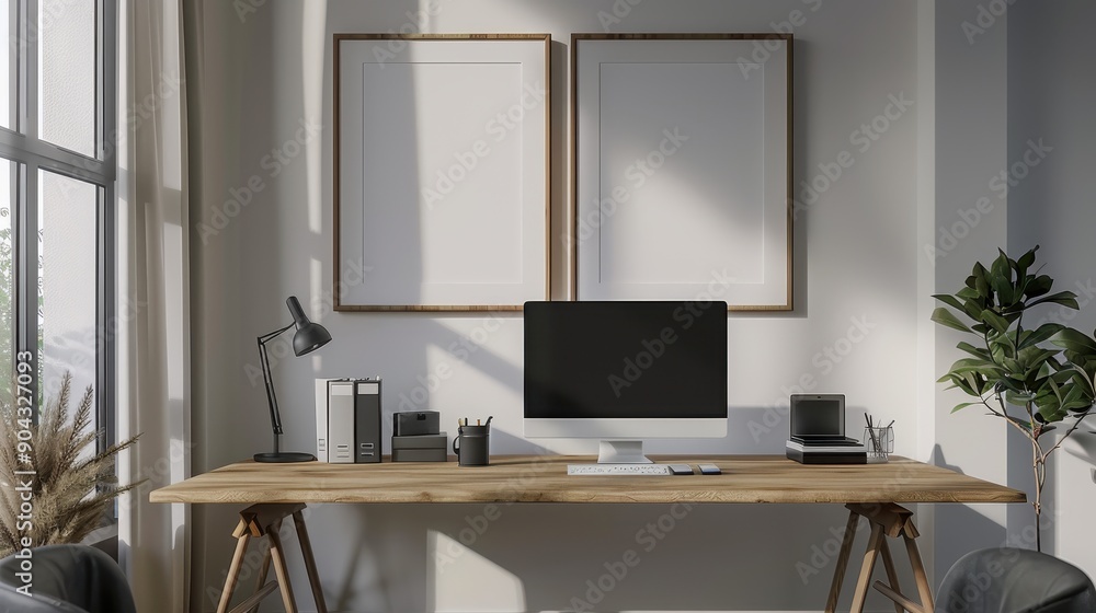 Poster a desk with a computer, a monitor, and a keyboard. the desk is surrounded by three empty picture fra