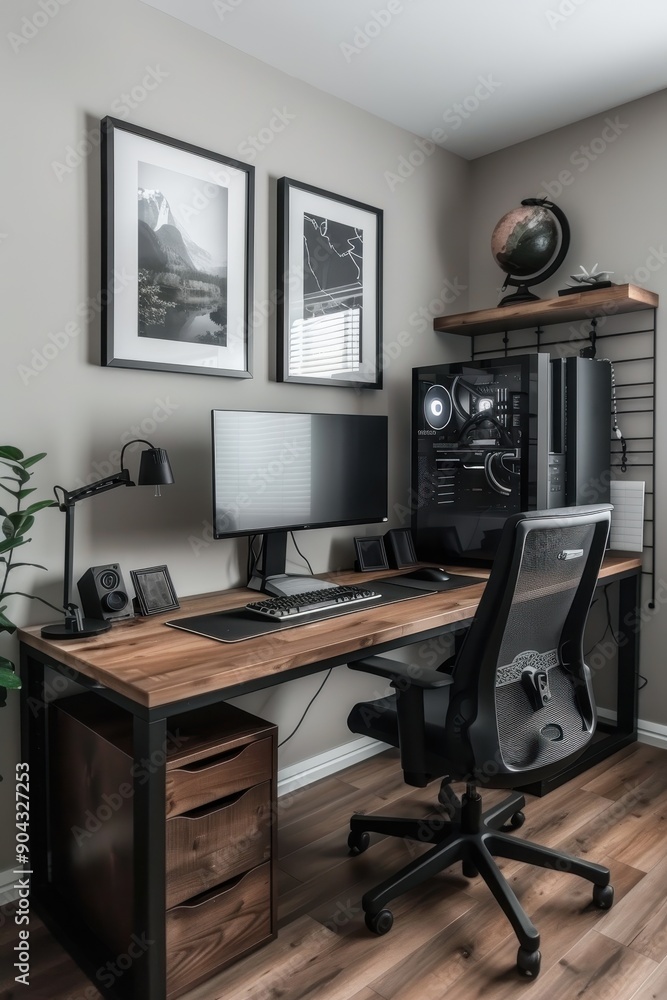 Poster a desk with a computer, a monitor, and a keyboard. the desk is surrounded by three empty picture fra