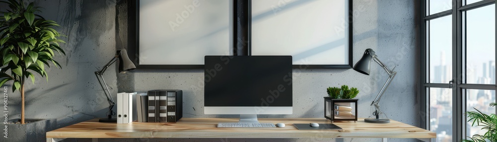 Poster a desk with a computer, a monitor, and a keyboard. the desk is surrounded by three empty picture fra