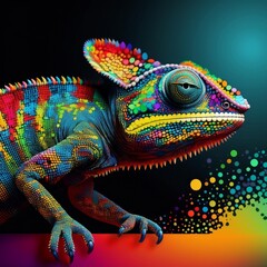 cameleon qui marche avec couleurs vives efond turquoise vert points