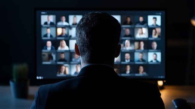 A business leader hosting a virtual town hall meeting, with employees participating from home offices, high-resolution photo, realistic photo, hyper realistic