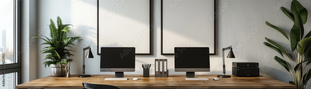 Poster a desk with a computer, a monitor, and a keyboard. the desk is surrounded by three empty picture fra