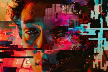 woman face with glitch effects, pixel art, and abstract patterns collage 