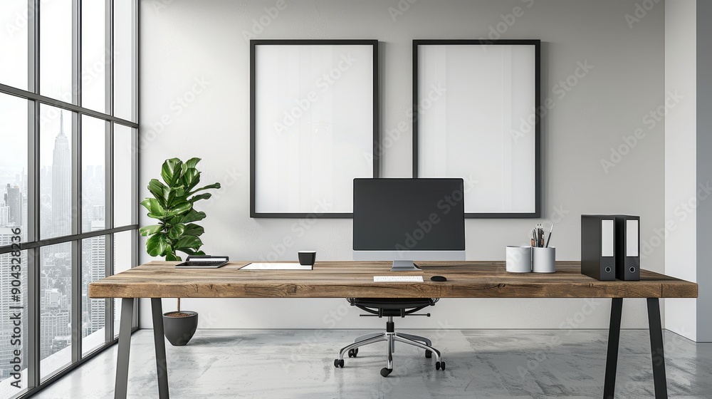Poster a desk with a computer, a monitor, and a keyboard. the desk is surrounded by three empty picture fra