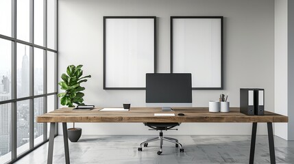 A desk with a computer, a monitor, and a keyboard. The desk is surrounded by three empty picture frames