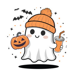 A T-Shirt Design Halloween illustration ghost character with a bright orange knit beanie and a simple, cheerful face The ghost is holding Drink and pumpkin
