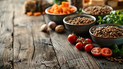 Fototapeta premium Variety of cat treats in a tasting setup on a stylish wooden table with fresh ingredients and playful decor, blank space for text