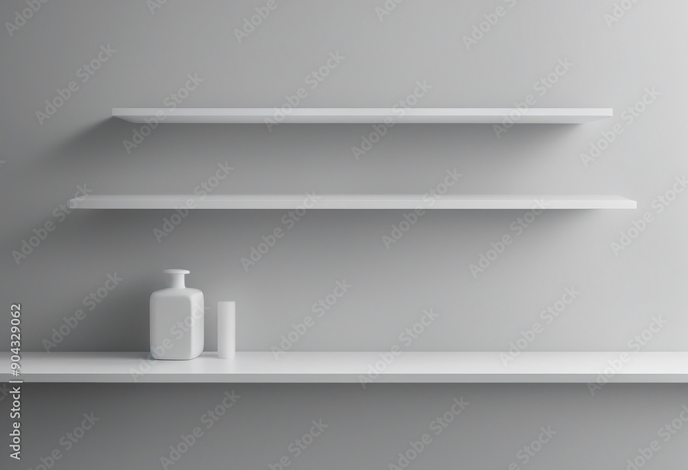 Poster universal minimalistic background for product presentation white empty shelf on a light gray wall