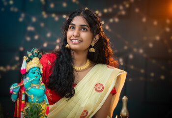 Sree Krishna Janmashtami image, Woman wearing traditional dress saree and holding Lord Krishna...