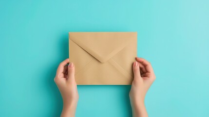 Fototapeta premium Close-Up of Hands Holding a Brown Envelope Against a Blue Background, Symbolizing Mailing and Minimalism