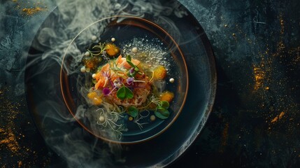 Gourmet dish with vibrant colors and intricate presentation. Fusion cuisine artfully displayed on a black plate, photographed in a top-down view.