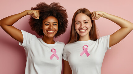 Two multiethnic women wearing white t-shirts are embracing and showing their strength by flexing their arm muscle, you can see pink ribbon on her t-shirt for breast cancer awareness