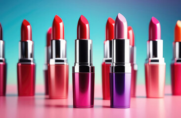 Obraz premium Glamorous red lipsticks on blue background. beauty and fashion visuals