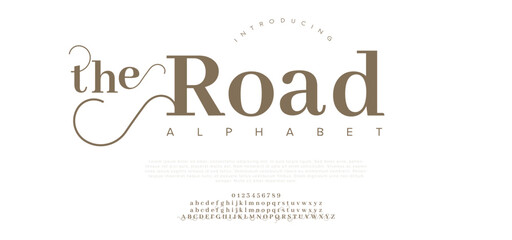Road Creative modern alphabet. Dropped stunning font, type for futuristic logo, headline, creative lettering and maxi typography. Minimal style letters with yellow spot. Vector typographic design